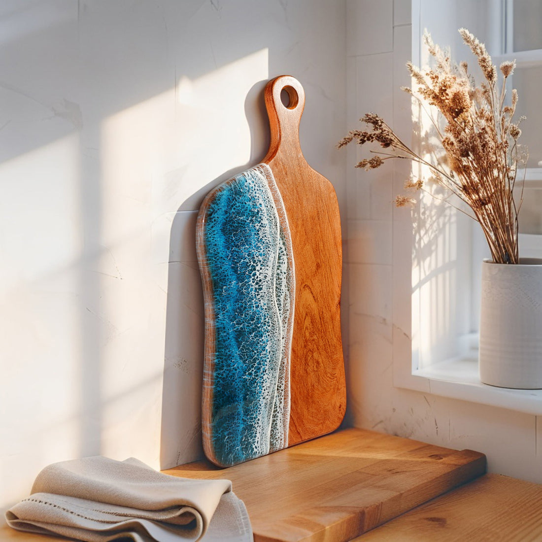 Wooden cutting board with blue and white resin design on a white fabric background