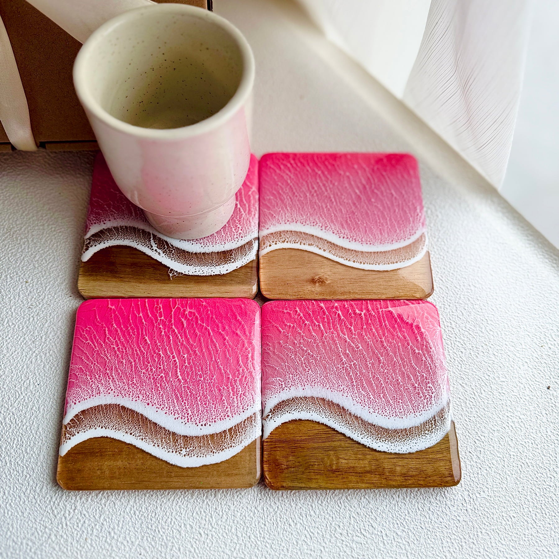 Ocean Resin Square Coaster Gift Set – Pink Edition
