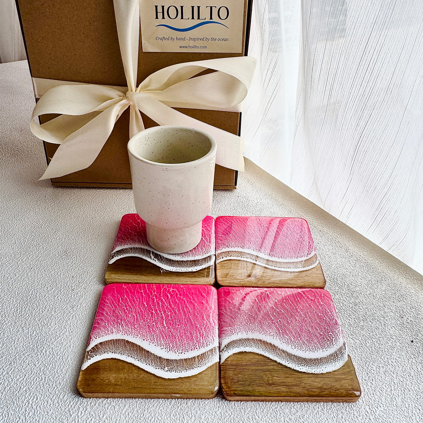 Ocean Resin Square Coaster Gift Set – Pink Edition