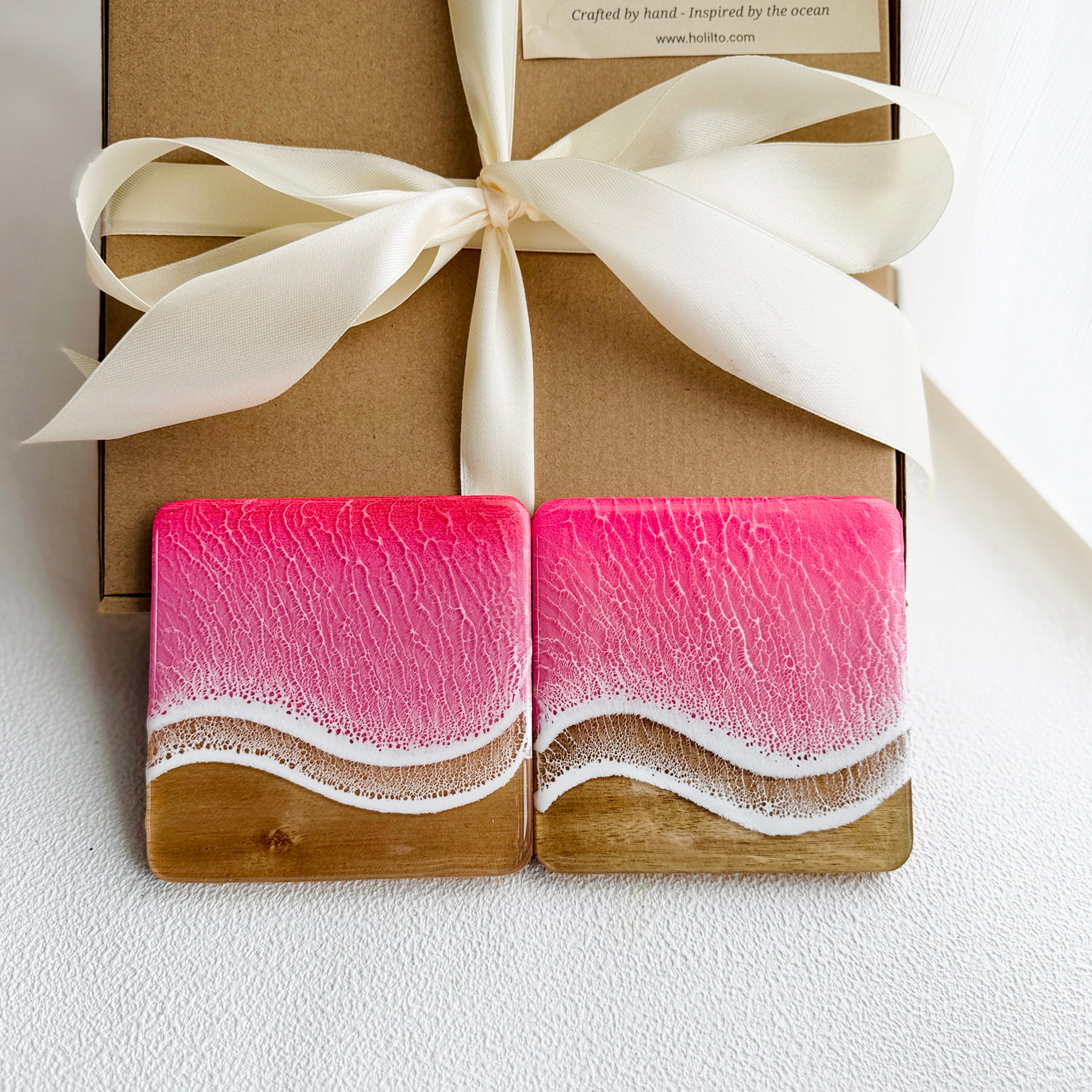 Ocean Resin Square Coaster Gift Set – Pink Edition