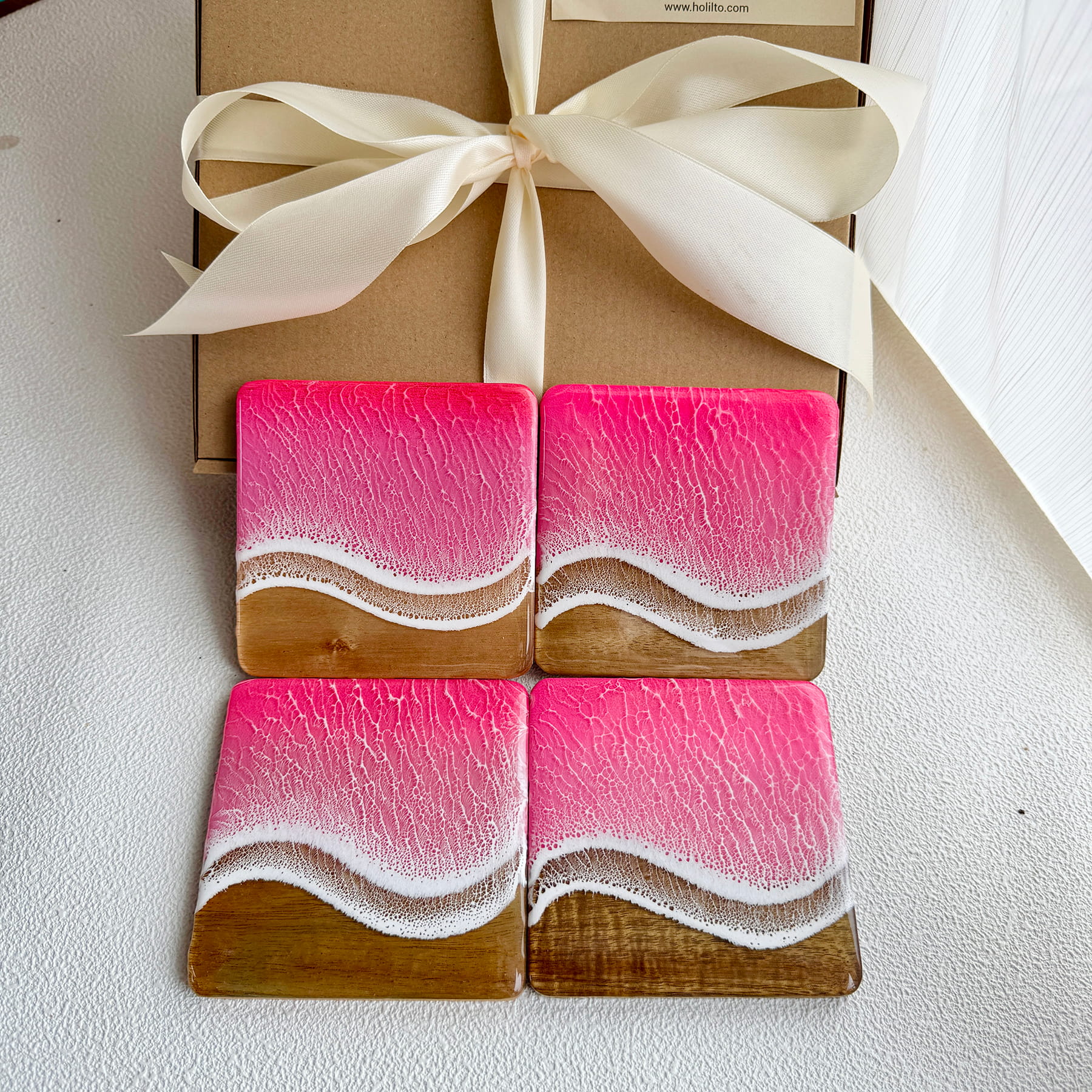 Ocean Resin Square Coaster Gift Set – Pink Edition