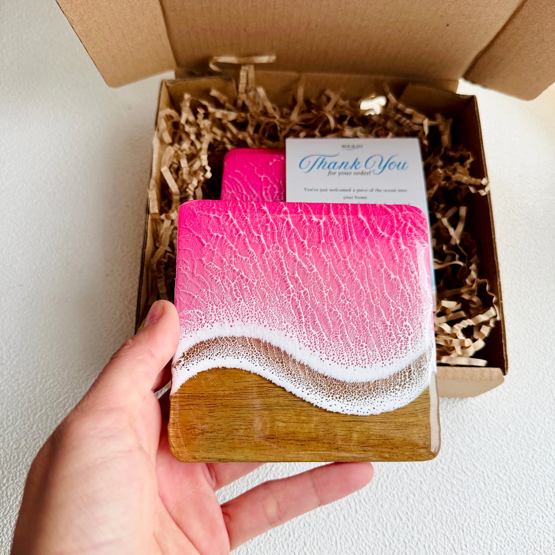 Ocean Resin Square Coaster Gift Set – Pink Edition
