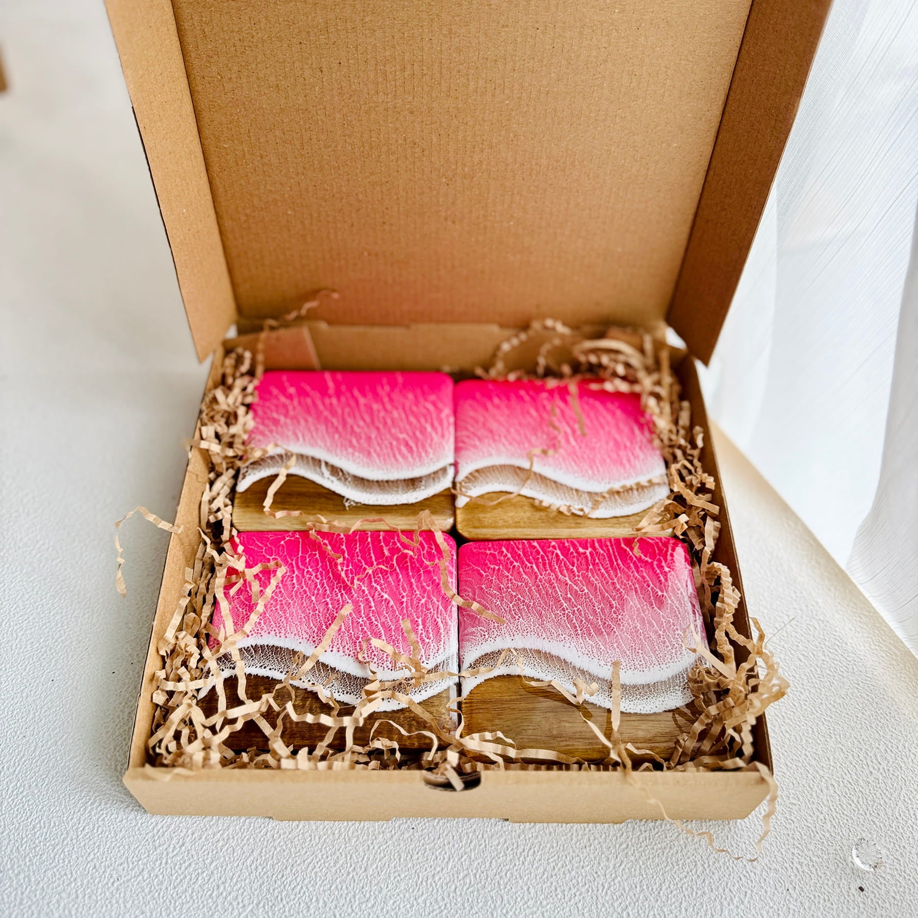 Ocean Resin Square Coaster Gift Set – Pink Edition